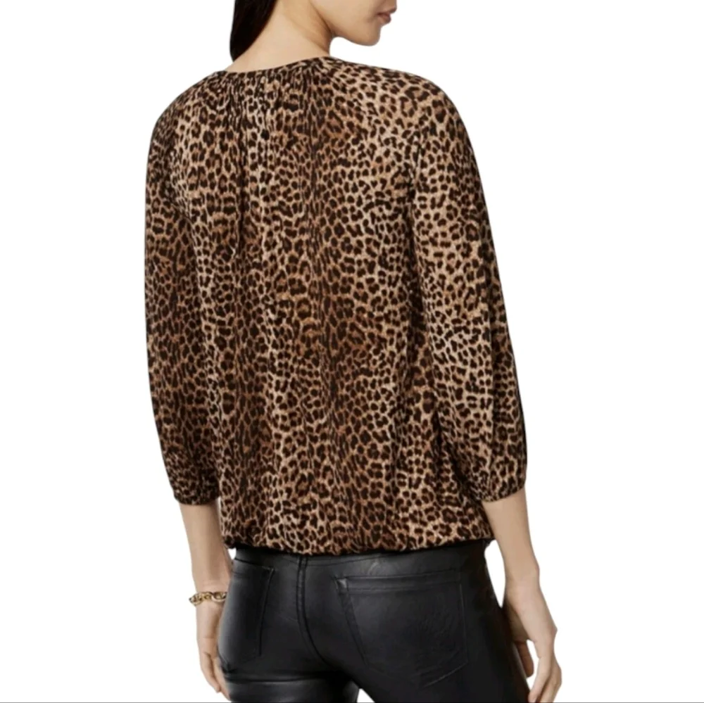 Michael Kors Leopard Printed Peasant Top Toffee 3/4 Sleeves